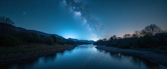 Stars Overhead: Serene river landscape reflecting the Milky Way, surrounded by dark silhouettes of trees, evoking a tranquil night atmosphere