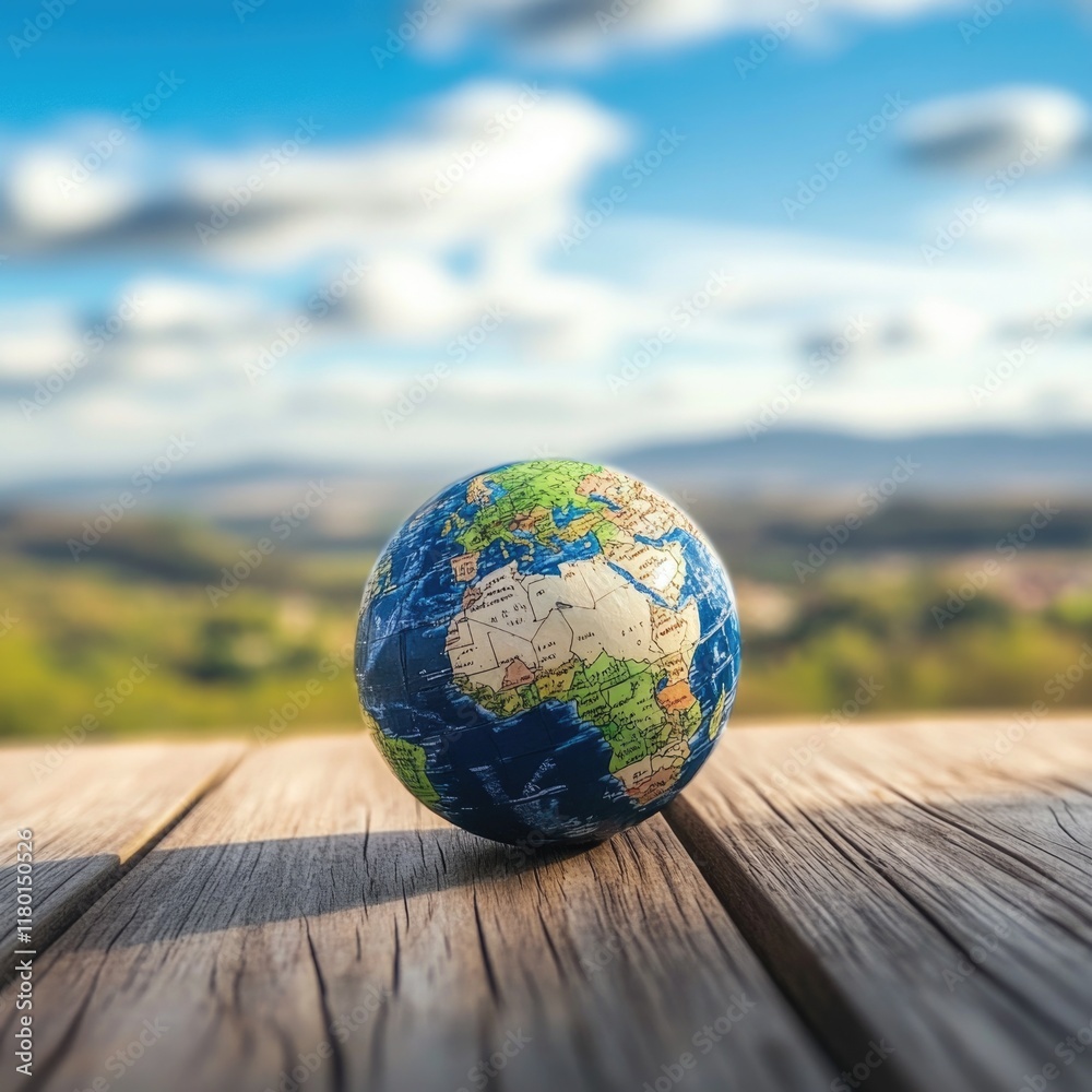 Poster a small globe sits on top of a wooden table, perfect for use in presentations or as a decorative pie