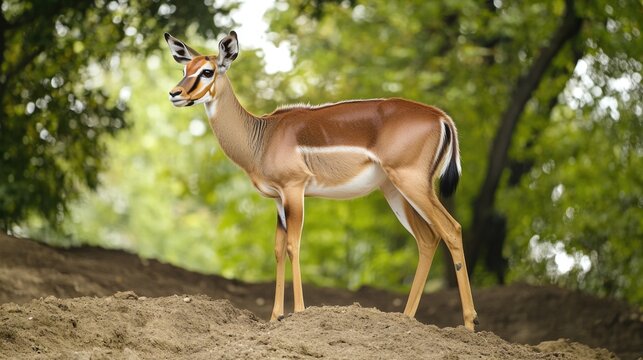 A gazelle stands atop a mound of dirt, possibly in a natural environment