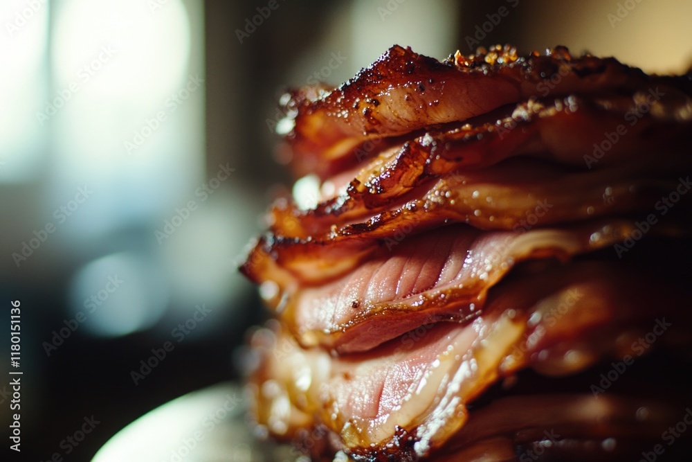 Poster a delicious stack of crispy bacon on a plate, ready to be served
