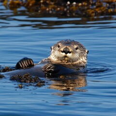 Fototapeta premium A sea otter relaxing on the surface of the water, surrounded by seaweed