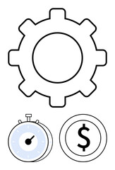 Gear, stopwatch, and dollar coin arranged to represent productivity, time, and value. Ideal for themes thumbs up process optimization, time management, cost efficiency, resource planning financial