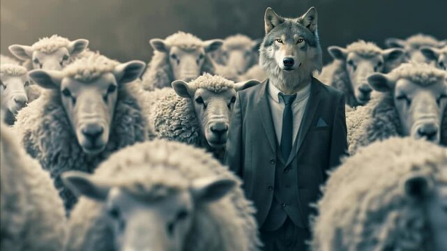 A man in a suit with a wolf's head among a flock of sheep, symbolizing contrast and unusualness. Suitable for creative advertising campaigns, covers of books about unusual phenomena  