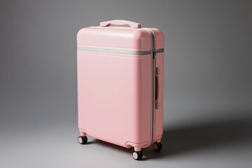 A pink suitcase with wheels on the ground, product photography, studio lighting, gray background, front view
