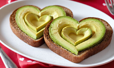 Creative heart-shaped avocado toast served on a plate during breakfast for a healthy meal. Valentine’s Day idea, date, engagement party, love party, eat, food
