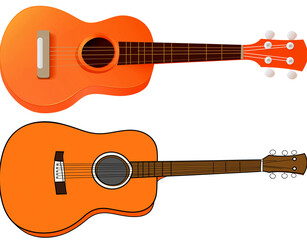 Obraz premium Orange Acoustic Guitars and Ukulele Side-by-Side Comparison, Vector Art with Wooden Texture, Musical Instruments, Strings, Fretboard, Tuning Pegs, Simplified Shapes, Clean Lines 