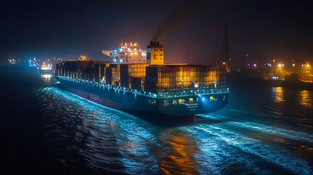Large container ship sailing at night near the port - Powered by Adobe