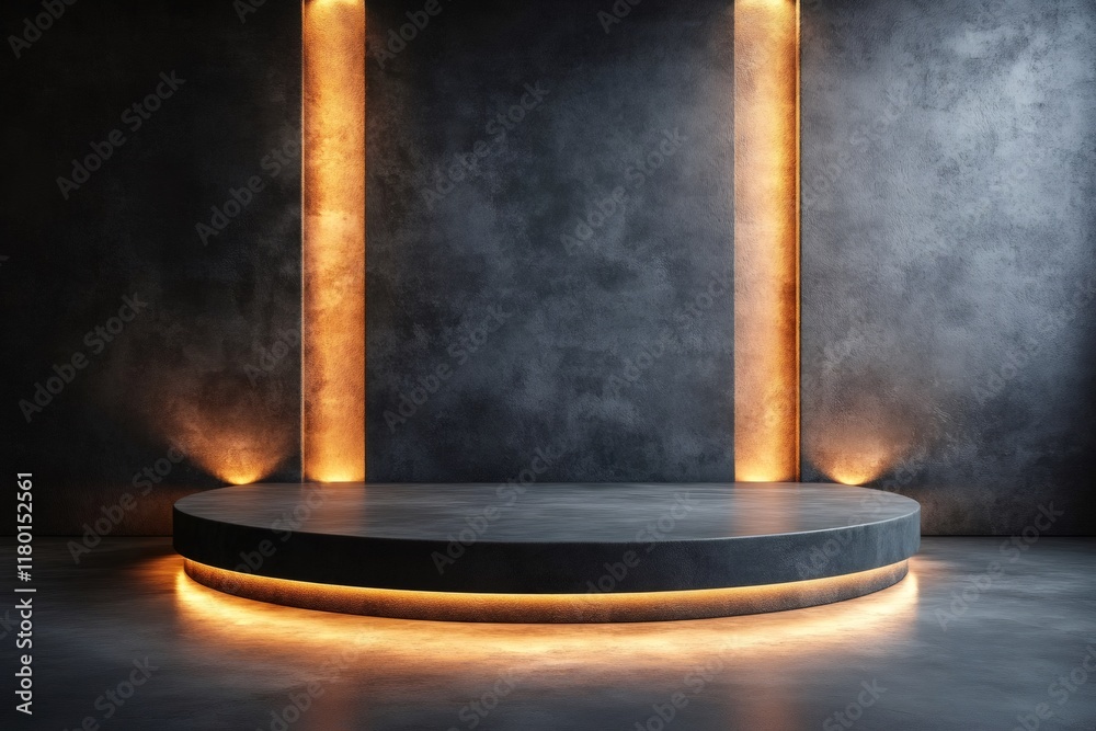 Poster empty round podium illuminated with orange lights on dark concrete background