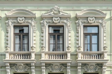 Obraz premium Olive wall and windows of classical building facade in Rome. Detailed photo textured background