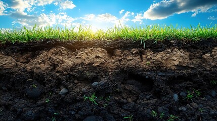 Cross section of soil layers showing grassy surface and underlying earth strata against a vivid blue sky background