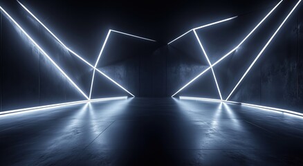Abstract black background with glowing neon geometric shapes and intersecting lines