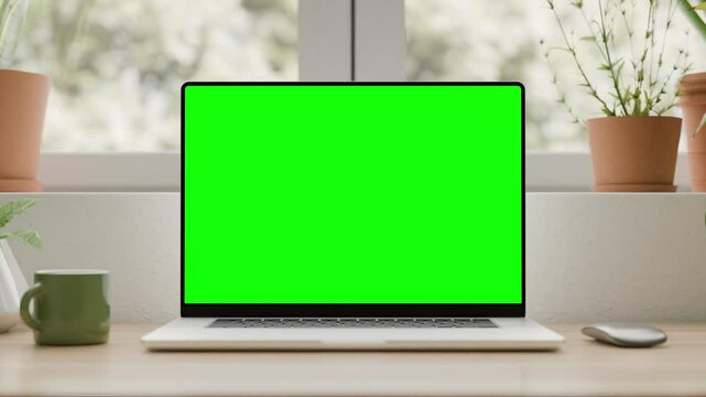 Static frame with a laptop on a desk in a stylish home office interior. The laptop&rsquo;s green screen allows for easy content replacement.  Last 120 video frames features looped swaying trees
