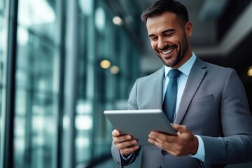 Smiling businessman increasing productivity with a tablet in a sleek modern office