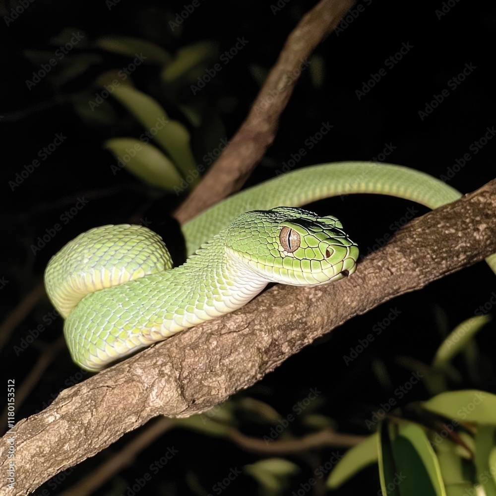 Poster a green snake sits atop a tree branch, highlighting its camouflage skills