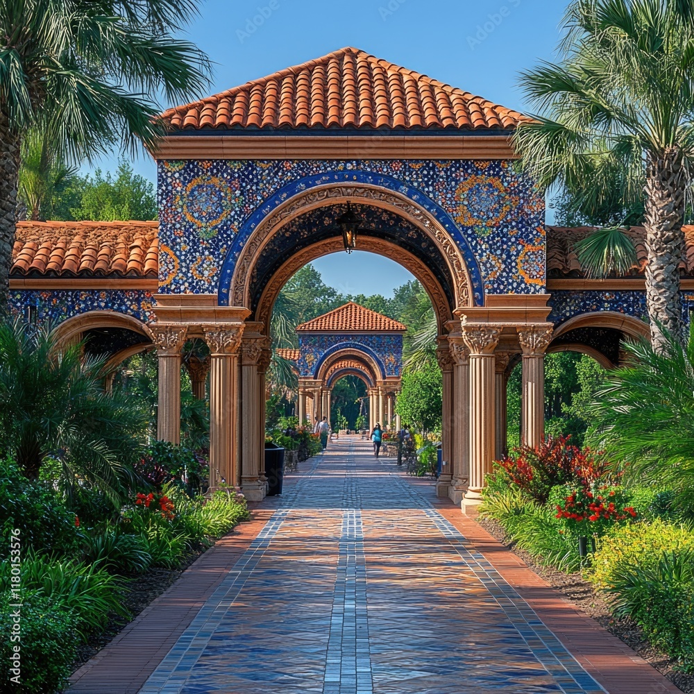 Poster A walkway in a park with a building in the background, suitable for travel or architecture images