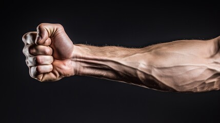 Close-up of a powerful male forearm and clenched fist against a black background, showing strength and determination