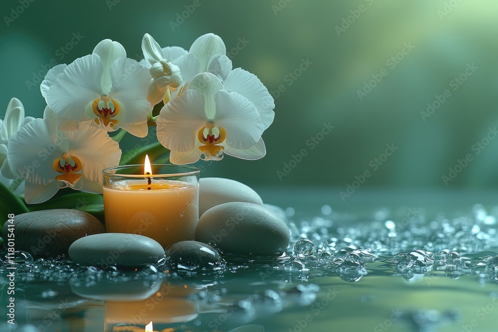 Poster a simple still life composition featuring a candle and some rocks on a table