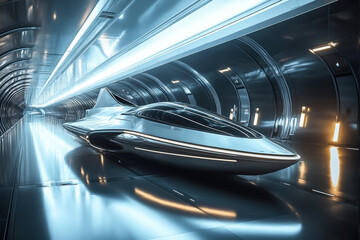 A futuristic, elegant spaceship is depicted in a dark, modern underground garage tunnel, with glossy columns and a white glow creating an empty, 3D-rendered space