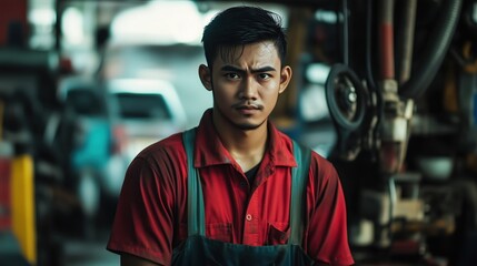 Fototapeta premium Portrait of a focused young asian mechanic working in the auto service