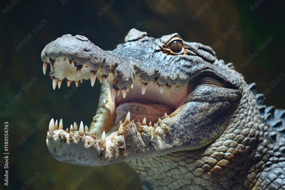 Poster a close-up view of a crocodile's open mouth, suitable for images about reptiles, wildlife or predato