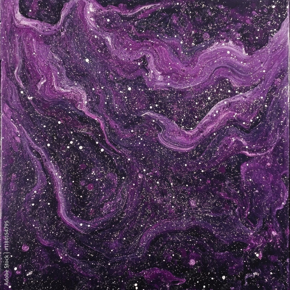 Poster A vibrant painting featuring purple and white swirling patterns on a dark black background, suitable for use in art-related projects or as a design element