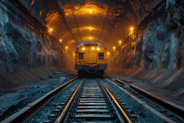 Naklejka premium Derelict coal mine shaft: yellow and black industrial machinery, cranes, and metal chains on tracks in dark underground tunnel