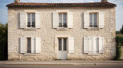 Fototapeta premium Charming rustic stone facade of a vintage french townhouse, architectural detail, old world charm