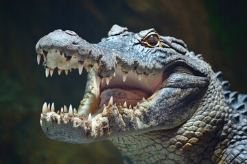 Obraz premium A close-up view of a crocodile's open mouth, suitable for images about reptiles, wildlife or predator-prey relationships