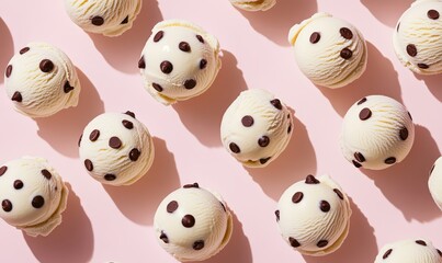Obraz premium A pattern of ice cream scoops with chocolate chips on top, arranged in an orderly fashion against a pastel pink background.