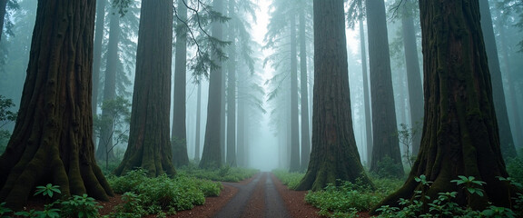 Giant Redwoods Towering Amidst Misty Forest Pathway Evokes a Sense of Tranquility and Mystery in Lush Green Surroundings