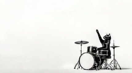 A monochromatic portrait of a person holding their arms up while standing in front of a drum set