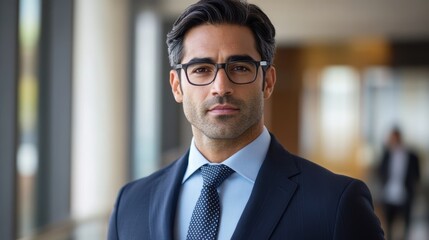 Fototapeta premium Confident businessman in suit with glasses in modern office hallway