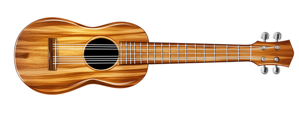 Handcrafted wooden ukulele with four strings, compact size, shiny honey-colored wood finish, tropical vibe, ideal for beach music, Hawaiian culture, and island lifestyle
