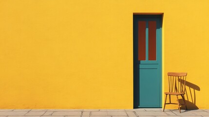 Obraz premium Teal door on yellow wall with wooden chair.