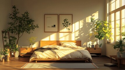 Minimalist Scandinavian bedroom with natural wood furniture in earth tones