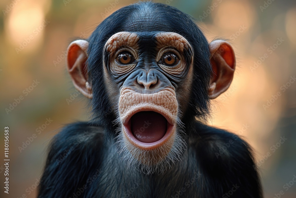 Poster a close-up of a monkey with its mouth open, suitable for use in illustrations about animals or wildl