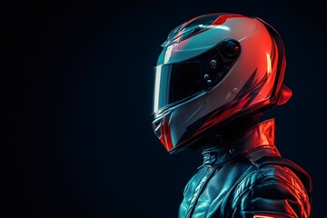 Motorcyclist wearing protective helmet and leather jacket in dramatic lighting