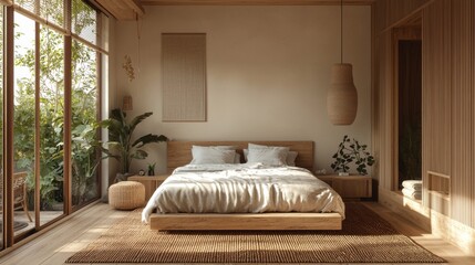 Fototapeta premium Minimalist Scandinavian bedroom with natural wood furniture in earth tones