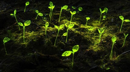 Radiant Seedlings Sprouting on a Lush Mossy Forest Floor