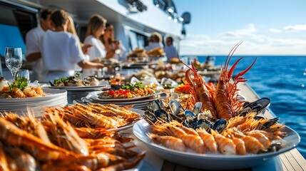 Luxury Yacht Seafood Feast Shared by Joyful Friends under Bright Blue Sky