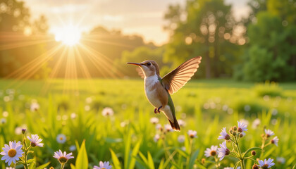 Fototapeta premium Hummingbird hovering over summer flowers in vibrant grassland, nature's beauty