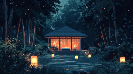 Obraz premium Peaceful forest retreat with openair bedroom and lanterns illustration
