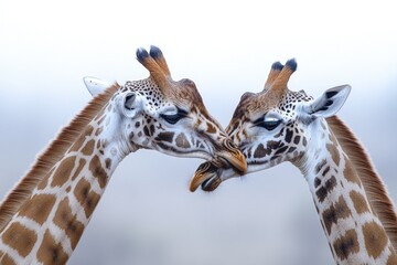 Fototapeta premium Two giraffes standing side by side, possibly in a zoo or wildlife setting