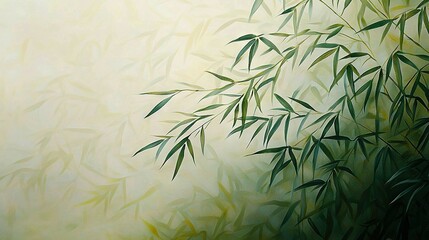   A painting of a clear bamboo tree amidst green and yellow foliage in the foreground against a soft, blurred background