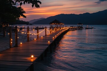 A long wooden pier lit up with LED lights leading into the ocean at sunset, offering an inviting...