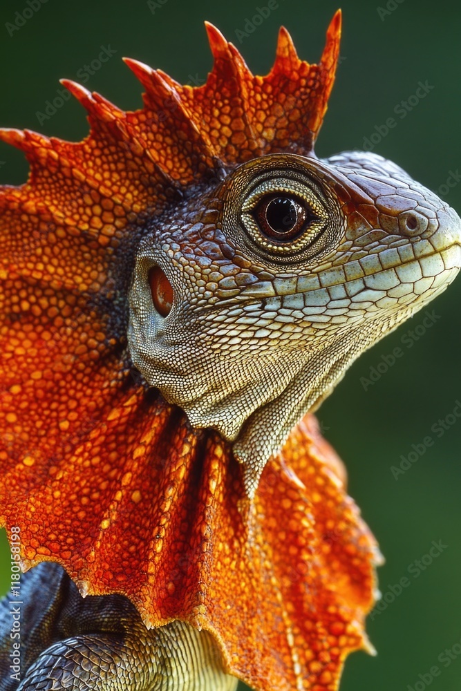 Poster a close-up shot of a lizard's head on a green background, suitable for use in educational or scienti