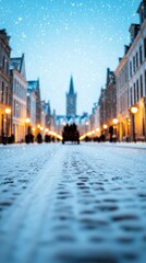 Fototapeta premium A charming winter square in Bruges Belgium with snow covered cobblestone streets historic buildings and horse drawn carriages under glowing holiday lights 