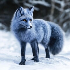 Fototapeta premium A blue fox is seen standing in the snow