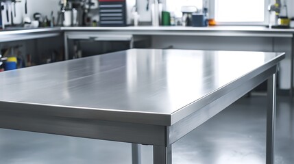 A stainless steel table sits in a kitchen with a window behind it