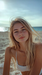 Naklejka premium Sunlit Portrait of a Young Woman Relaxing on the Sand in a Bikini, Capturing Summer Beauty and a Serene Beach Atmosphere
